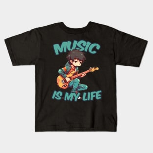 A boy playing his favourite guitar Kids T-Shirt